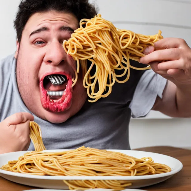 Prompt: dunce dog with braces teeth obese failing to eat spaghetti, falling over