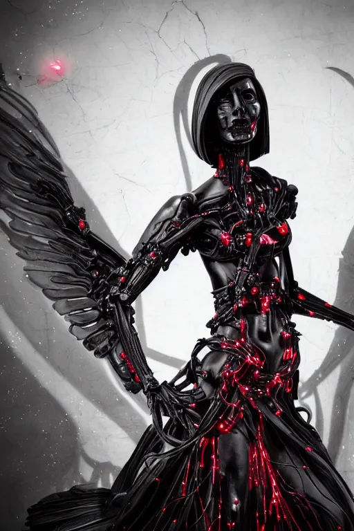 Prompt: full-body cyberpunk style sculpture of a young beautiful dark priestess, half android with a head opening exposing circuitry, glowing red eyes, black roses, flowing blood-red colored silk. fabric, candles. baroque elements, human skull. full-length view. baroque element. intricate artwork by caravaggio. crows flying in background. Trending on artstation, octane render, cinematic lighting from the right, hyper realism, octane render, 8k, depth of field, 3D