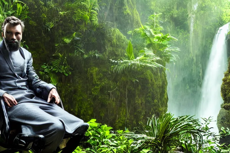 Image similar to movie closeup young man with a grey beard in a cyberpunk suit sitting on a futuristic chair at the edge of a jungle waterfall by emmanuel lubezki