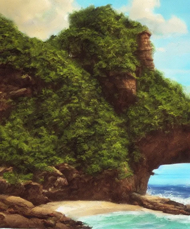 Prompt: photorealistic painting of turtle bay beach jamaica, sharp cliffs, island with cave, dark, atmospheric, brooding, smooth, finely detailed, cinematic, epic, in the style of larry elmore