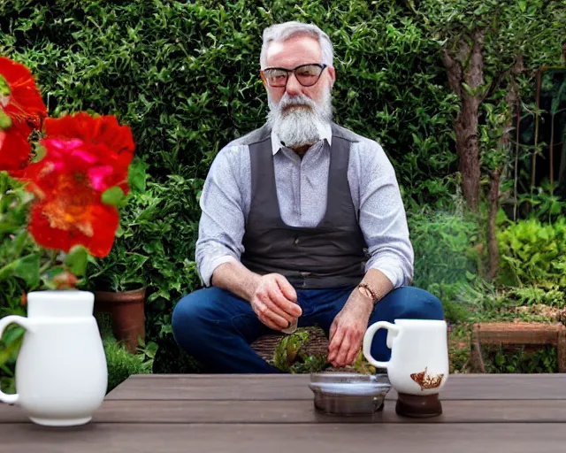 Image similar to mr robert is drinking fresh tea in a garden from spiral mug, detailed calm face, grey short beard, golden hour, red elegant shirt