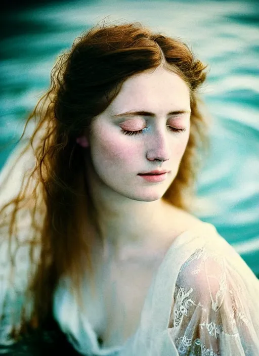 Prompt: Kodak Portra 400, 8K, soft light, volumetric lighting, highly detailed, sharp focus,britt marling style 3/4, Close-up portrait photography of a beautiful woman how pre-Raphaelites a woman with her eyes closed is surrounded by water , face is surrounded by Water Circle. she has a beautiful lace dress and hair are intricate with highly detailed realistic beautiful flowers , Realistic, Refined, Highly Detailed, natural outdoor soft pastel lighting colors scheme, outdoor fine art photography, Hyper realistic, photo realistic