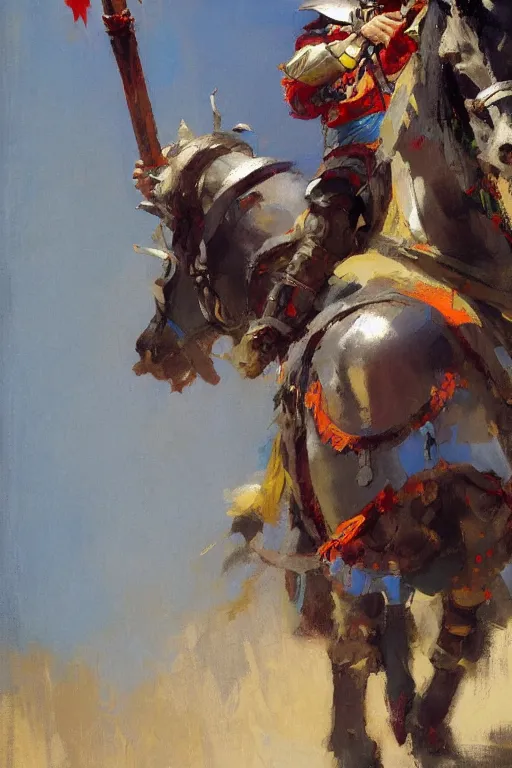 Image similar to close - up portrait of colorful rider holding jousting lance, caparisons, chainmail, by greg manchess, bernie fuchs, ruan jia, walter everett