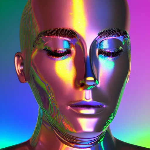 Image similar to 3d render of holographic human robotic head made of glossy iridescent, surrealistic 3d illustration of a human face non-binary, non binary model, 3d model human, cryengine, made of holographic texture, holographic material, holographic rainbow, concept of cyborg and artificial intelligence