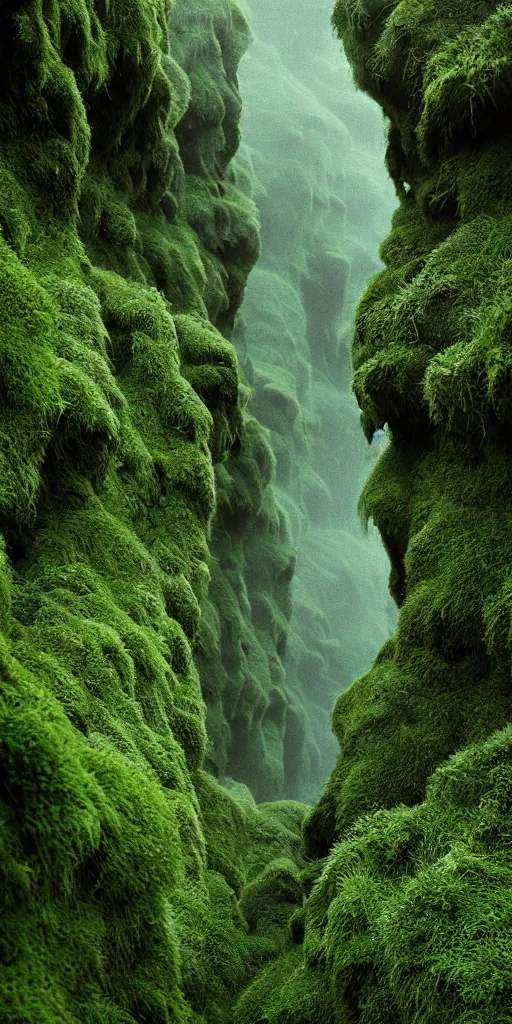 Image similar to dream looking through, a hyper realistic photograph fertile, lush mossy ferns canyon, ferns, minimalist structure, misty, raining, icelandic valley, in the style of reuben wu, roger deakins