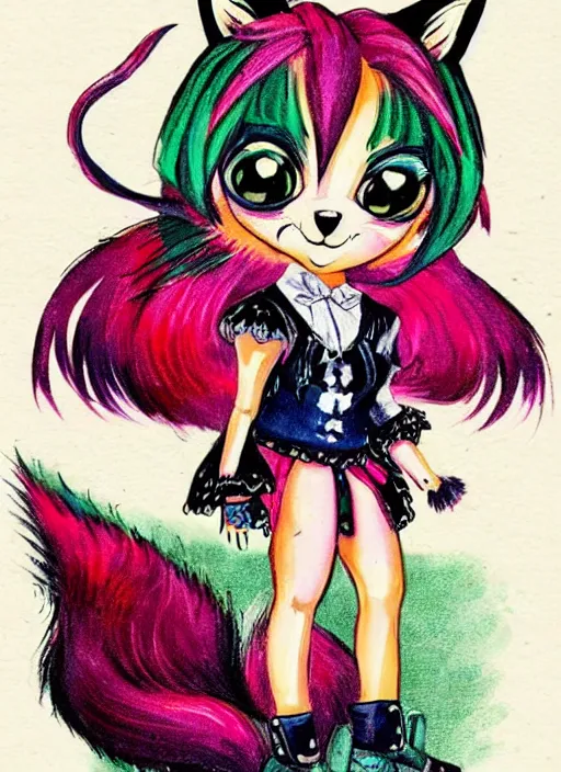 Image similar to A vintage painted illustration of an adorable chibi rogue fox anime girl in the style of Lisa Frank Babs Tarr Hantine Hsu sitting in a couture leather and spike vest that has skulls on it