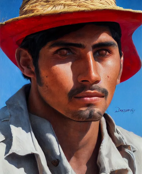 Image similar to heroic portrait of a handsome young mexican farmer, art by denys tsiperko and bogdan rezunenko, hyperrealism