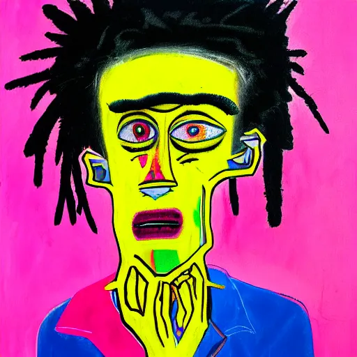 Image similar to pink and yellow detailed neo expressionism oil painting of sad boy rapper crying with tattoos by basquiat