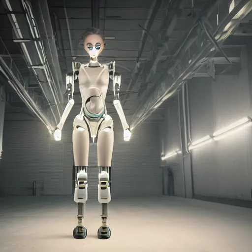 Prompt: beautiful full body Fine art photography of a solarpunk half robot half human girl with real human face, linear lights over body, highly detailed, photorealism, studio lighting 8k