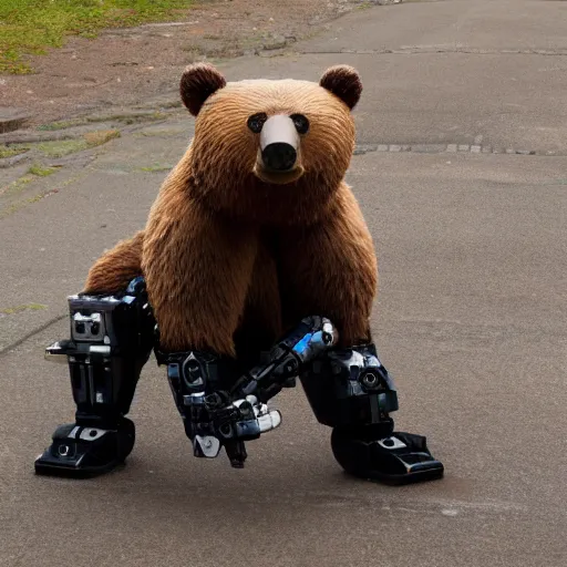 Image similar to bear with robotic legs, photo, detailed, 4k