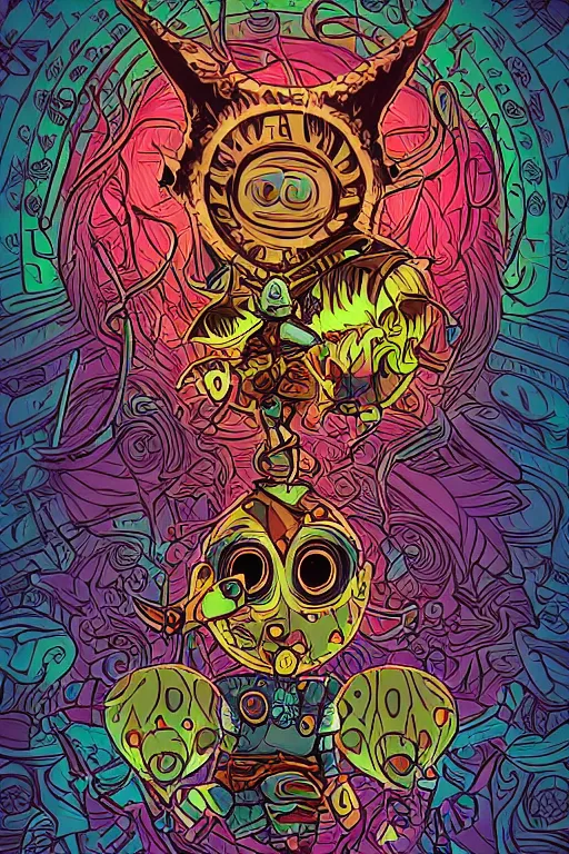 Image similar to knit majora's mask tribal feather gemstone plant wood rock shaman vodoo video game vector illustration vivid color borderlands by josan gonzales and dan mumford radiating a glowing aura