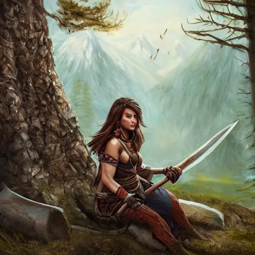 Image similar to a warrior woman in rests an axe on her shoulder, she is grabbing a nearby tree, looking onto the horizon, next to her is a wolf companion, fall, mountain landscape, portrait by magali villeneuve, 4 k, artstation, realistic, magic the gathering