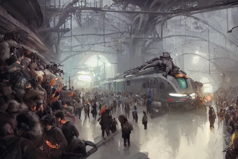 Image similar to subway mayhem as people rush to get on the train that is a chimera cat train, highly detailed, digital painting, artstation, concept art, smooth, sharp focus, illustration, art by greg rutkowski