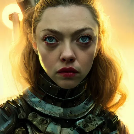 Image similar to amanda seyfried portrait, dystopia core, apocalyptic, armor, warrior, dramatic, sharp focus, fiction, neon, fantasy, hyper detailed, digital art, trending in artstation, cinematic lighting, studio quality, smooth render, unreal engine 5 rendered, octane rendered, art style and nixeu and wlop and krenz cushart