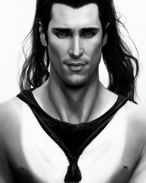 Image similar to portrait of tall, 3 3 - year - old handsome man with long dirty black hair, and ice grey eyes, wearing black clothes, no beard, hyper realistic face, beautiful grey eyes, character art, art by mark brooks, hyperdetailed, cryengine, trending on artstation, digital art