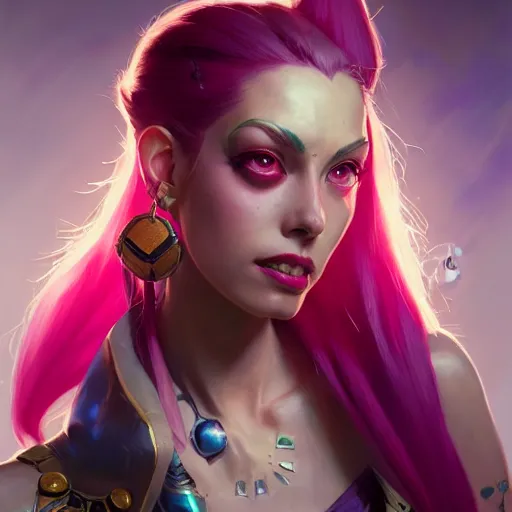 Image similar to Portrait of Jinx from League of legends ,highly detailed, digital painting, artstation, concept art, sharp focus, illustration, art by greg rutkowski and alphonse mucha