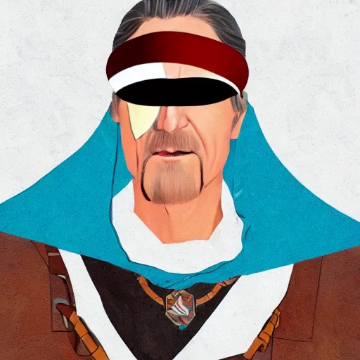 Prompt: 55 year old hero with an eye-patch, a blue cape, standing atop a mountain in the Rockies, digital art, portrait