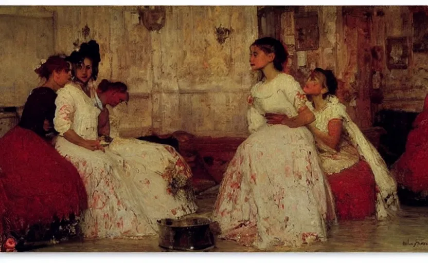 Image similar to high quality high detail painting by ilya repin, brides in a blood flooded house, hd