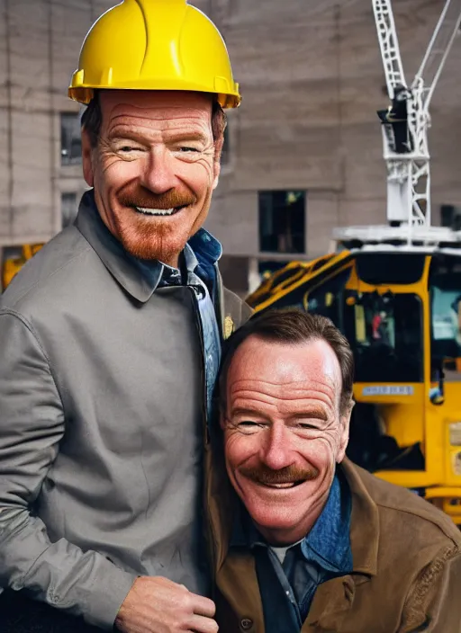 Image similar to closeup portrait of cheerful bryan cranston controlling a crane, sitting in a crane, yellow hardhat, sitting in a crane, natural light, bloom, detailed face, magazine, press, photo, steve mccurry, david lazar, canon, nikon, focus