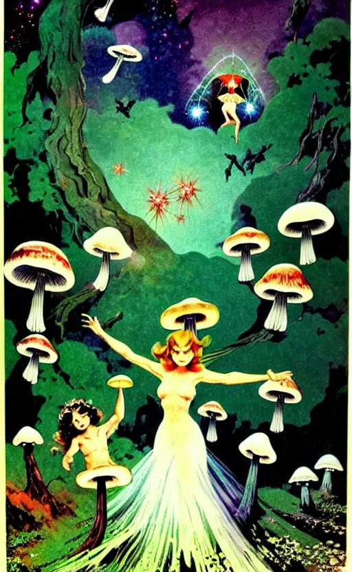 Prompt: stars in the sky fairies flying into an enchanted forest mushrooms on the ground psychedelic wide angle shot white background vector art illustration by frank frazetta