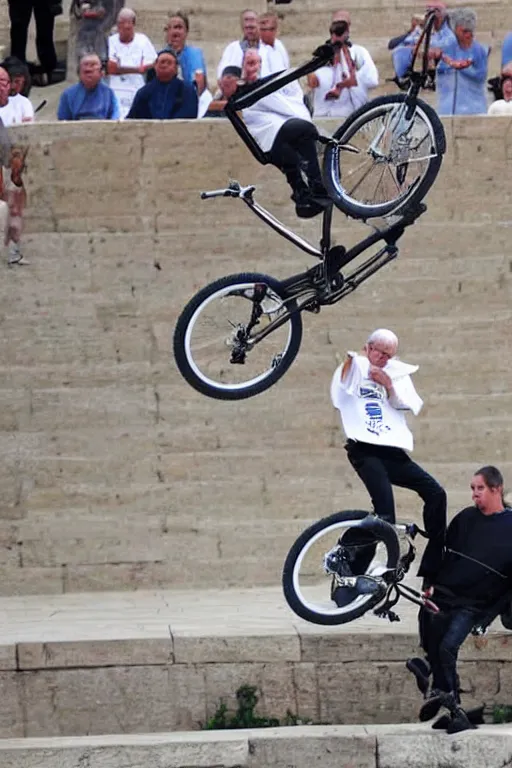 Image similar to a photo of the pope doing trial bike stunts