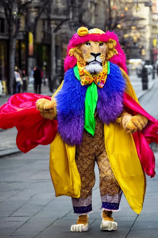 Prompt: An anthro anthropomorphic lion wearing a brightly coloured hat and silk scarf, proudly walking down the street, happy, joyful, in the style of Arthur Thiele