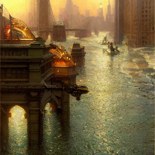 Image similar to the sea flooding the entire city of modern new york. you can see the water entering buildings highly detailed painting by gaston bussiere, craig mullins, j. c. leyendecker