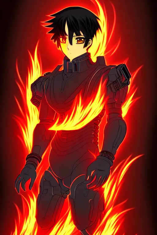 Image similar to a detailed manga full body portrait illustration of a dark haired cyborg anime man surrounded by fire, detailed artwork, realism, 4 k resolution, detailed, high quality, sharp focus, hq artwork, insane detail, volumetric lighting, character concept art, fine details, clear subject, central subject