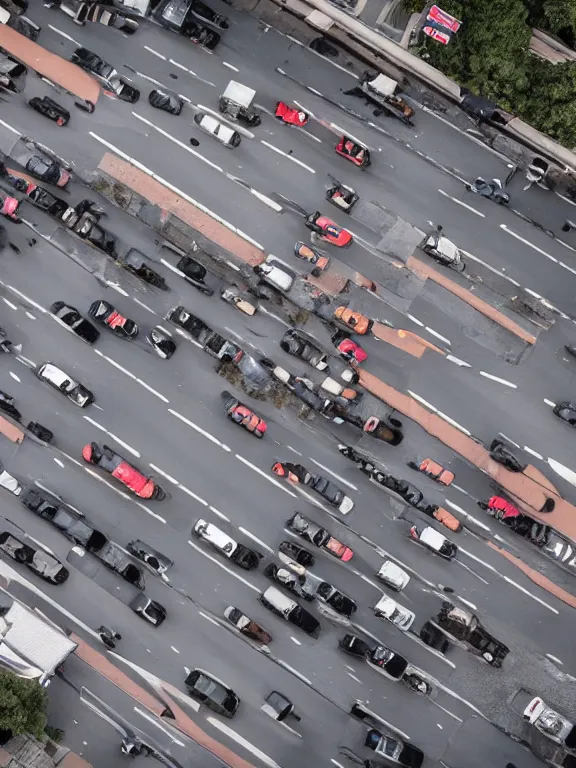 Image similar to traffic blocked by a giant boot. a giant foot stepping down onto the street and blocking cars. drone footage, award - winning photography, photojournalism