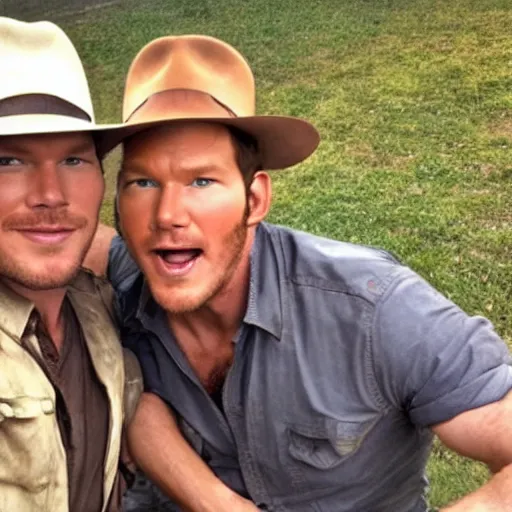Prompt: chris pratt as indiana jones taking a selfie with an old harrison ford, instagram, cinematic, natural lighting, genuine smile, perfect angle, portrait