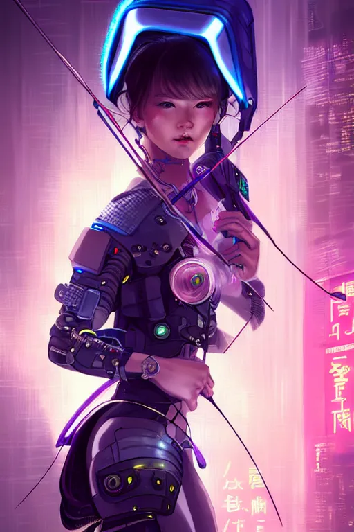 Image similar to portrait futuristic adorable cyberpunk young female archer, in futuristic stormy thunder light tokyo rooftop cyberpunk night, ssci-fi, fantasy, intricate, very very beautiful, elegant, neon light, highly detailed, digital painting, artstation, concept art, soft light, hdri, smooth, sharp focus, illustration, art by tian zi and craig mullins and WLOP and alphonse mucha