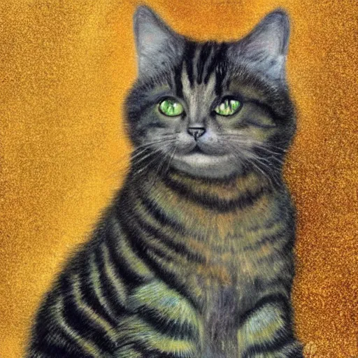 Prompt: portrait of a very fluffy dark tabby cat with green eyes, looking at the moon, full body, smiling cat, golden colors, flowers, canned cat food, intricate, elegant, highly detailed, smooth, sharp focus, illustration, art by gustav klimt