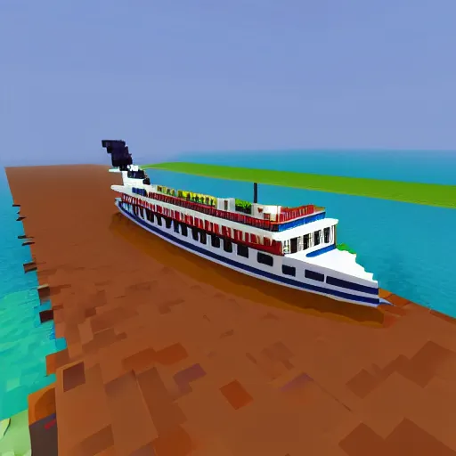 Image similar to a ferry at the sea, art by minecraft