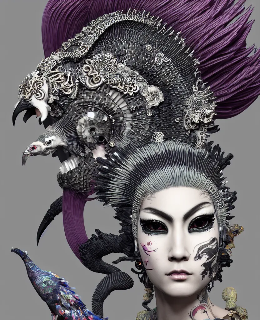 Image similar to 3 d goddess close - up profile portrait punk with mohawk with ram skull. beautiful intricately detailed japanese crow kitsune mask and clasical japanese kimono. betta fish, jellyfish phoenix, bio luminescent, plasma, ice, water, wind, creature, artwork by tooth wu and wlop and beeple and greg rutkowski