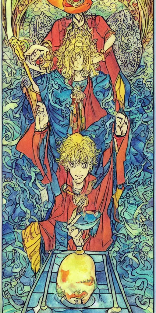 Image similar to a mystical man with a goblet on the table, wizard hat, drawn by Naoko Takeuchi, impressive line work, tarot card. tarot card the magician, psychedelic