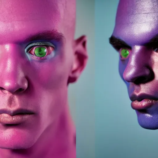 Image similar to a close up portrait of a beautiful athletic young male alien with pink and blue ombre color skin , photographed by erwin olaf, artistic