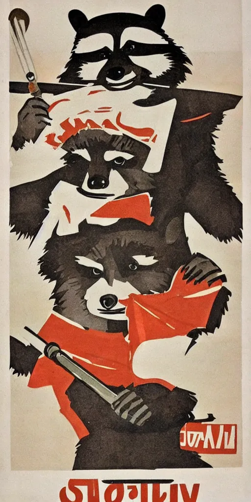 Prompt: a soviet propaganda poster with a smiling raccoon holding a jedi sword