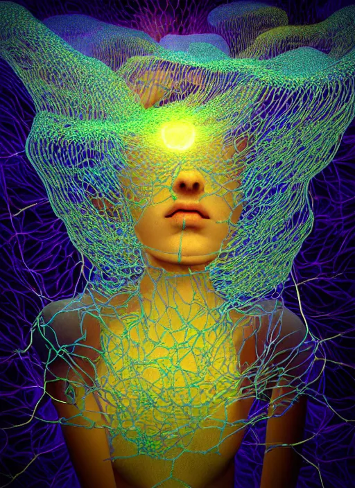 Image similar to hyper detailed 3d render like a digital Oil painting - Aurora (Singer) seen Eating of the Strangling network of slightly yellow and light blue and milky Fruit and Her delicate Hands hold of gossamer polyp blossoms bring iridescent fungal flowers whose spores black out the foolish stars by Jacek Yerka, Mariusz Lewandowski, Houdini algorithmic generative render, Abstract brush strokes, Masterpiece, Edward Hopper and James Gilleard, Zdzislaw Beksinski, Mark Ryden, Wolfgang Lettl, hints of Yayoi Kasuma, octane render, 8k