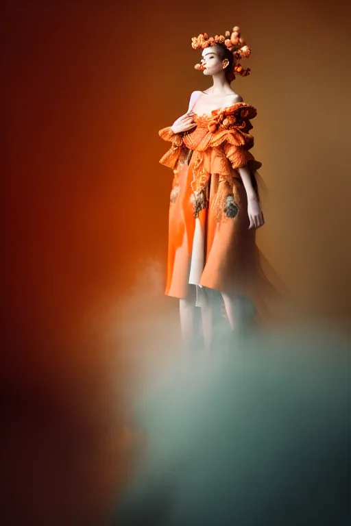 Image similar to a model wearing baroque and fururistic clothing, luxury materials, macro photography, long exposure photograph, surrealism, anamorphic bokeh, cozy, soft light, cyan and orange, caustic, atmospheric fog, octane render, cinematic