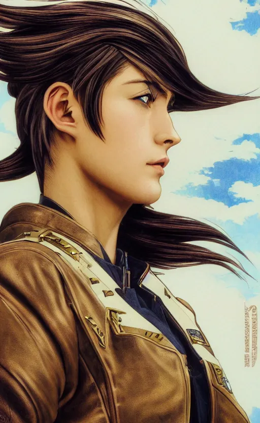 Prompt: side portrait of mechanized valkyrie, anime style, leather jacket, ace pilot, blonde hair, hair down, symmetrical facial features, from arknights, hyper realistic, 4 k, rule of thirds, extreme detail, detailed drawing, safebooru, hd, top gun, realistic lighting, by alphonse mucha, greg rutkowski, backlit