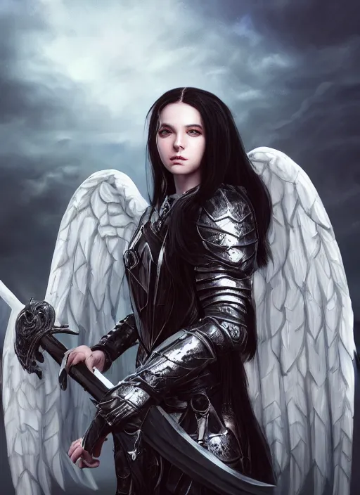 Prompt: An epic fantasy comic book style portrait painting of a pale girl with long black hair, she is wearing a knight armor, white angel wings, holding a sword, Unreal 5, DAZ, hyperrealistic, octane render, cosplay, RPG portrait, dynamic lighting