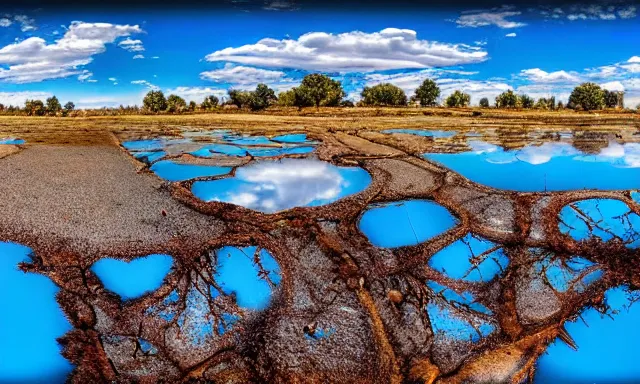 Prompt: beautiful panorama of many magnificent big upside-down raindrops in a perfect cloudless blue sky above a dried up river, desolate land, dead trees, blue sky, hot and sunny highly-detailed, elegant, dramatic lighting, artstation, 4k, cinematic landscape, masterpiece photograph by Elisabeth Gadd