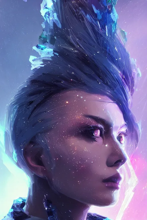 Image similar to A fancy portrait of a crystalized creature by Greg Rutkowski, beeple, Sung Choi, Mitchell Mohrhauser, Maciej Kuciara, Johnson Ting, Maxim Verehin, Peter Konig, final fantasy, 8k photorealistic, cinematic lighting, HD, high details, dramatic, dark atmosphere, trending on artstation