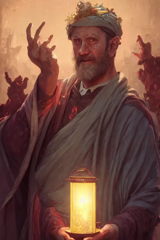 Image similar to male senior cleric holding a lantern surrounded by zombies, highly detailed, digital painting, artstation, concept art, smooth, sharp focus, illustration, art by artgerm and greg rutkowski and alphonse mucha and andrei riabovitchev