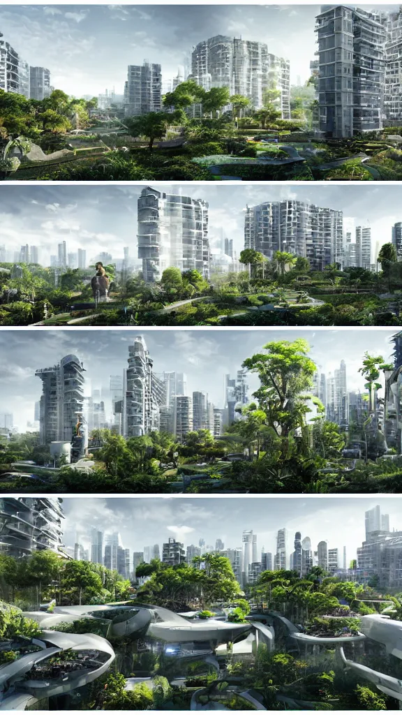 Image similar to 5 - panel comic page layout. crowd talking about sustainable futuristic building in a urban setting. ultrarealistic matte painting on white page. the building has many deep and tall balconies covered in plants and trees. thin random columns, large windows, deep overhangs. plants hang from balconies. greeble articulated details with plants. 8 k, uhd.