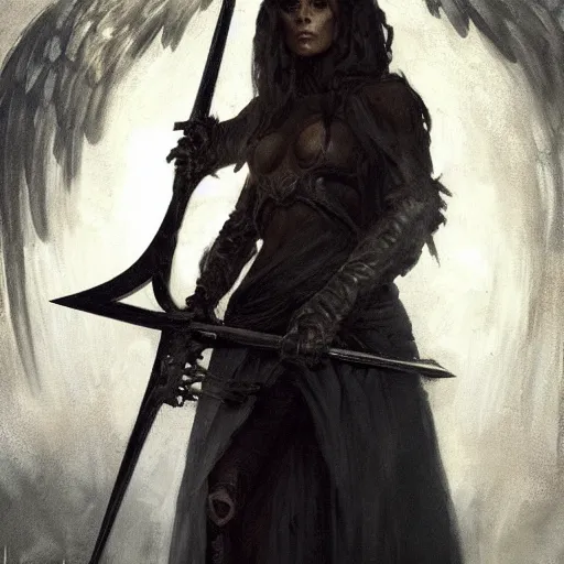 Image similar to a portrait of a beautiful angel of death holding a large scythe by marco bucci and greg rutkowski and frank frazetta, sharp focus, detailed, cinematic, closeup