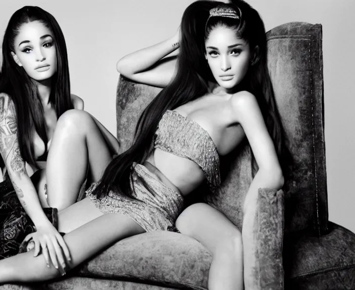 Prompt: award winning photo of Ariana Grande together with Megan Fox sitting on a chesterfield lounge, symmetrical face, wide shot by Sally Mann & Arnold Newman,