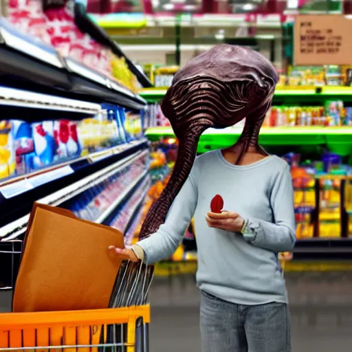 Image similar to mid shot of a roswell alien buying groceries at the store shot by amanda carlson and alex strelkovv, professional photo, masterpiece, very detailed, 4 k