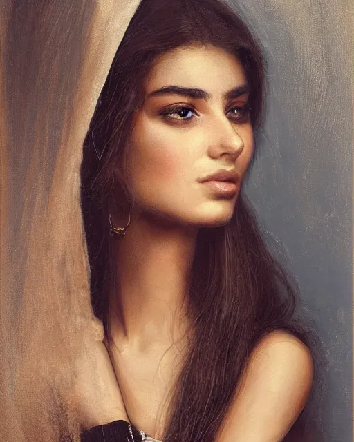 Image similar to a highly realistic, true to life portrait of a beautiful young middle eastern girl, soft focus, from the waist up, with sharp features, a beautiful face, soft smile, under studio lighting, taken with a canon eos camera with 1 3 5 mm focal length by karol bak, james jean, tom bagshaw, rococo, sharp focus, trending on artstation,