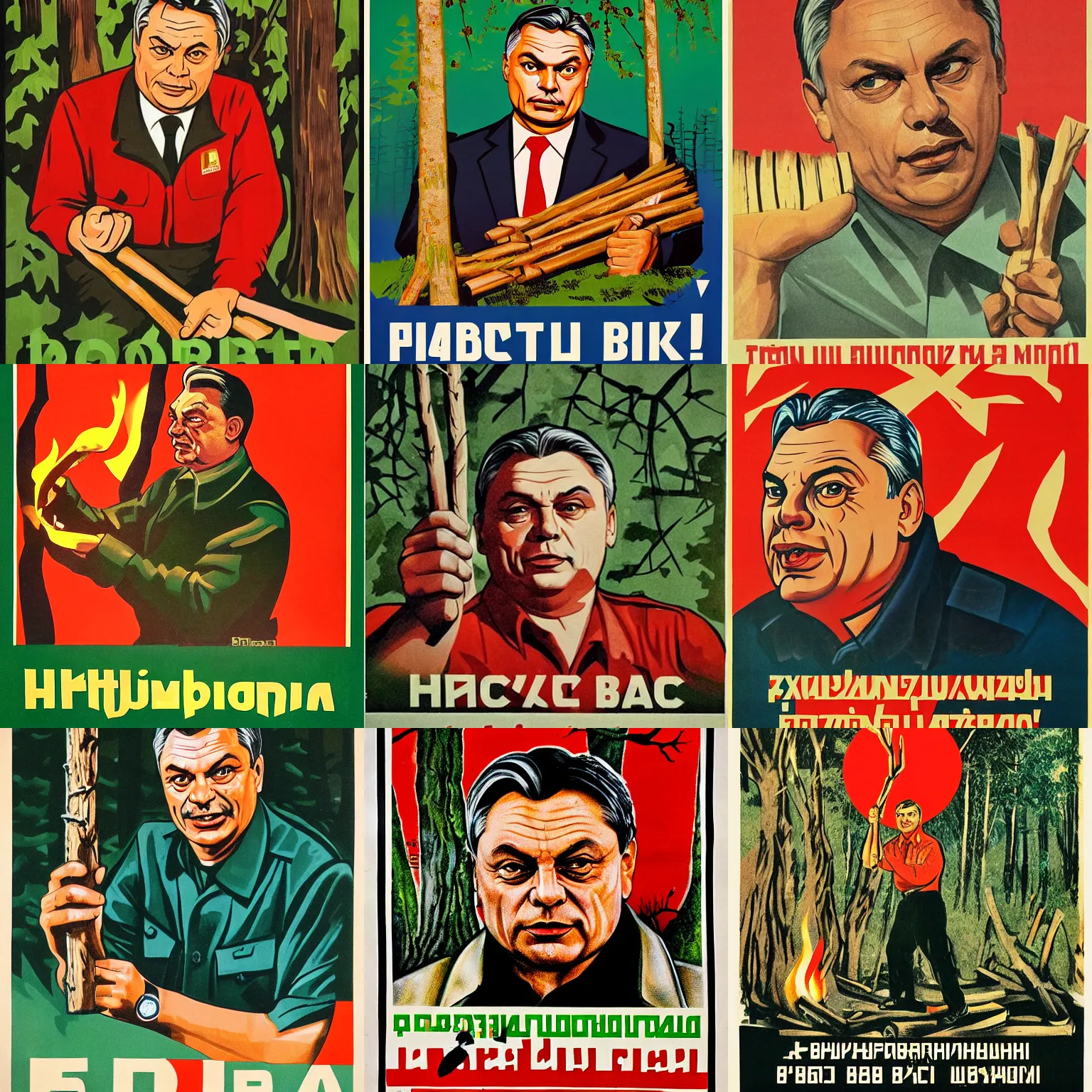 Prompt: soviet propaganda poster of viktor orban in a forest, highly detailed face, holding a wood piece, making fire